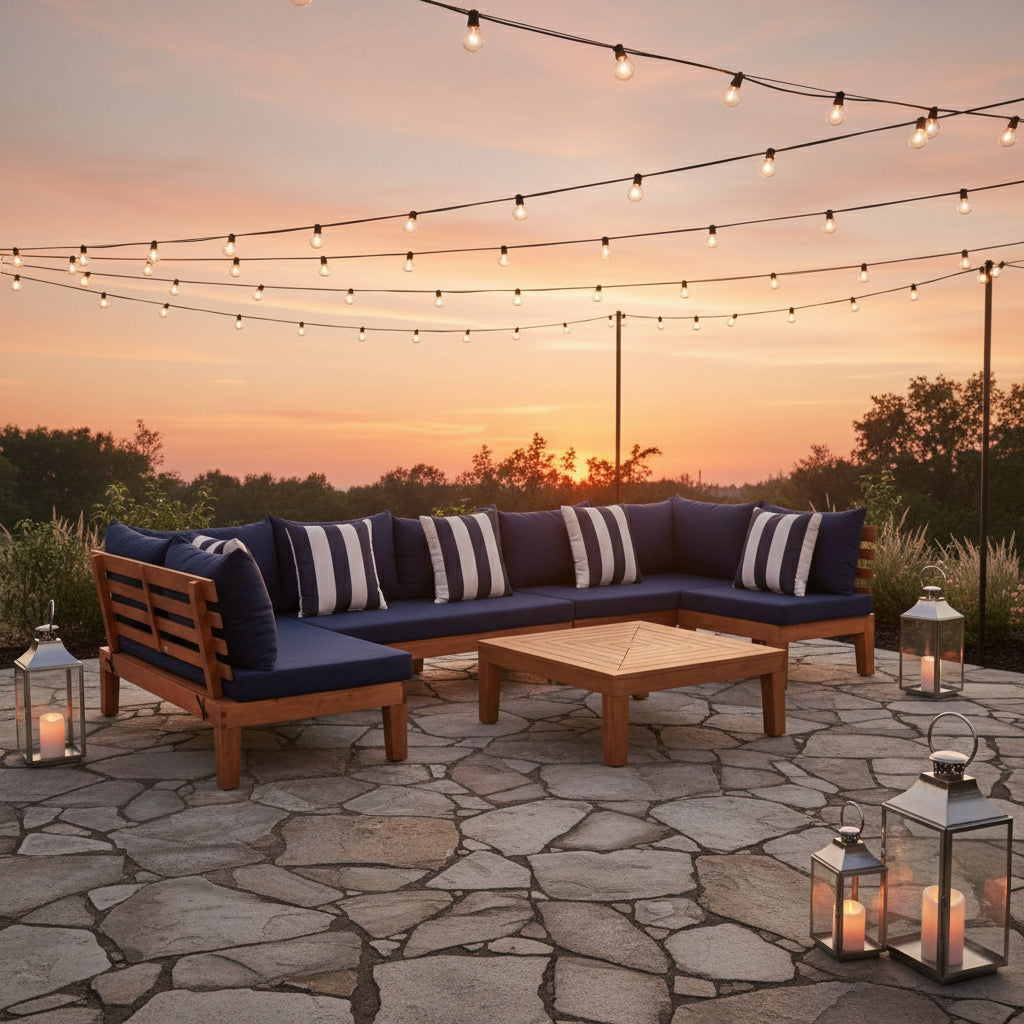 Granton 5-Piece Outdoor Living Set – Eucalyptus Wood with Navy Cushions