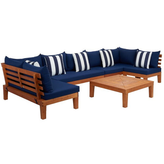 Granton 5-Piece Outdoor Living Set – Eucalyptus Wood with Navy Cushions