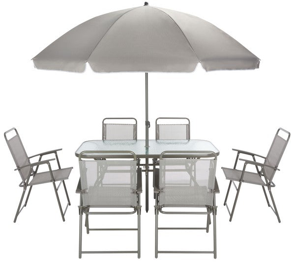 Laurenti 8-Piece Outdoor Dining Set with Glass-Top Table, Folding Chairs & Umbrella