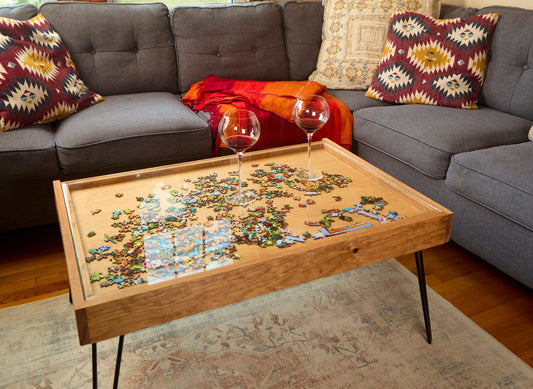 Rustic Puzzle Coffee Table with Removable Glass Top