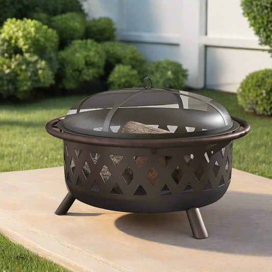 Weather-Resistant Steel Wood Fire Pit with Spark Screen
