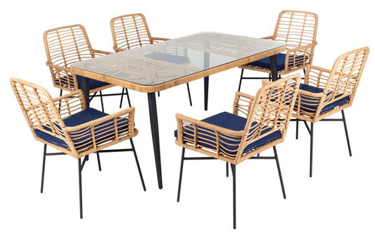 Beson 7 Piece Outdoor Dining Set – PE Rattan Table & 6 Cushioned Chairs