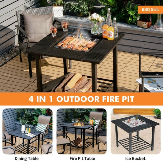 Fire Pit Grill BBQ Ice Bucket Dining Table 4-1 Square