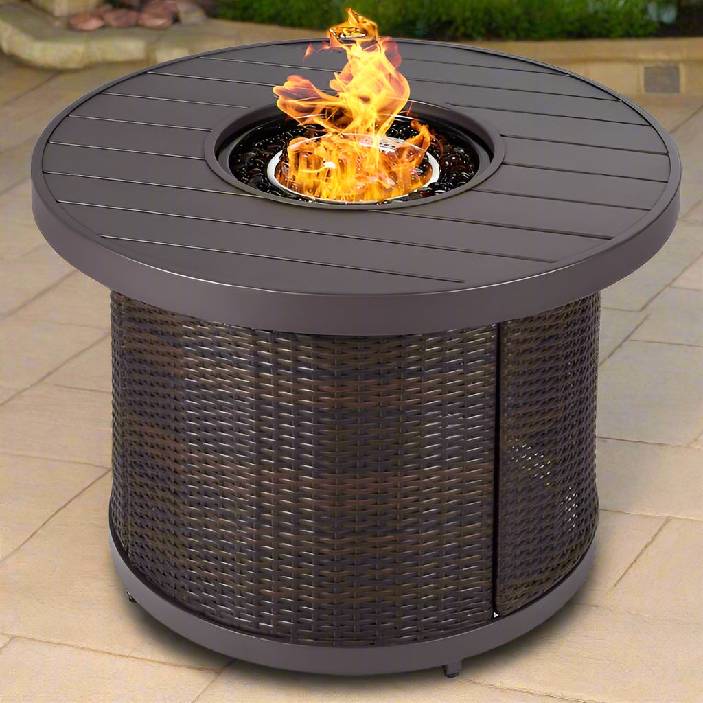 Brown Wicker Round LP Gas Propane Fire Pit