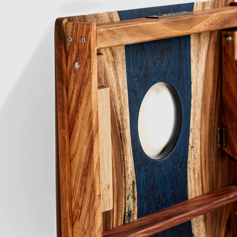The River Epoxy Resin with Live Edge Acacia Pathfinder ART Cornhole Boards - Sapphire