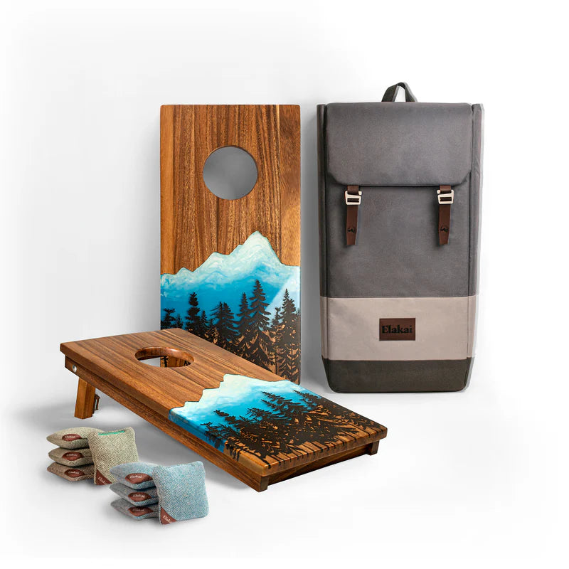Blue Mountain Epoxy Resin Wood Compact Travel Cornhole Board Set