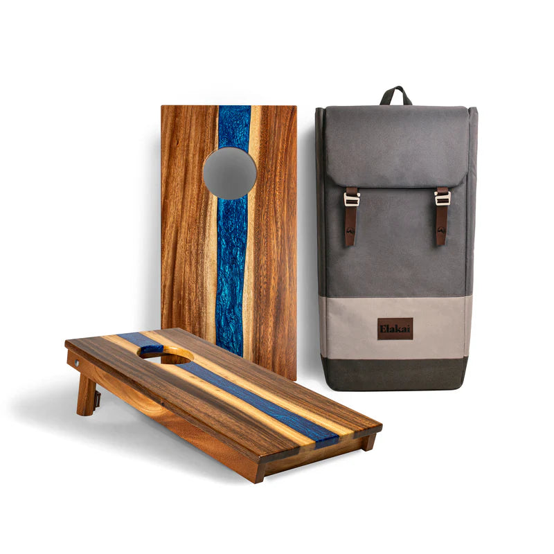 The River Epoxy Resin with Live Edge Acacia Pathfinder ART Cornhole Boards - Sapphire