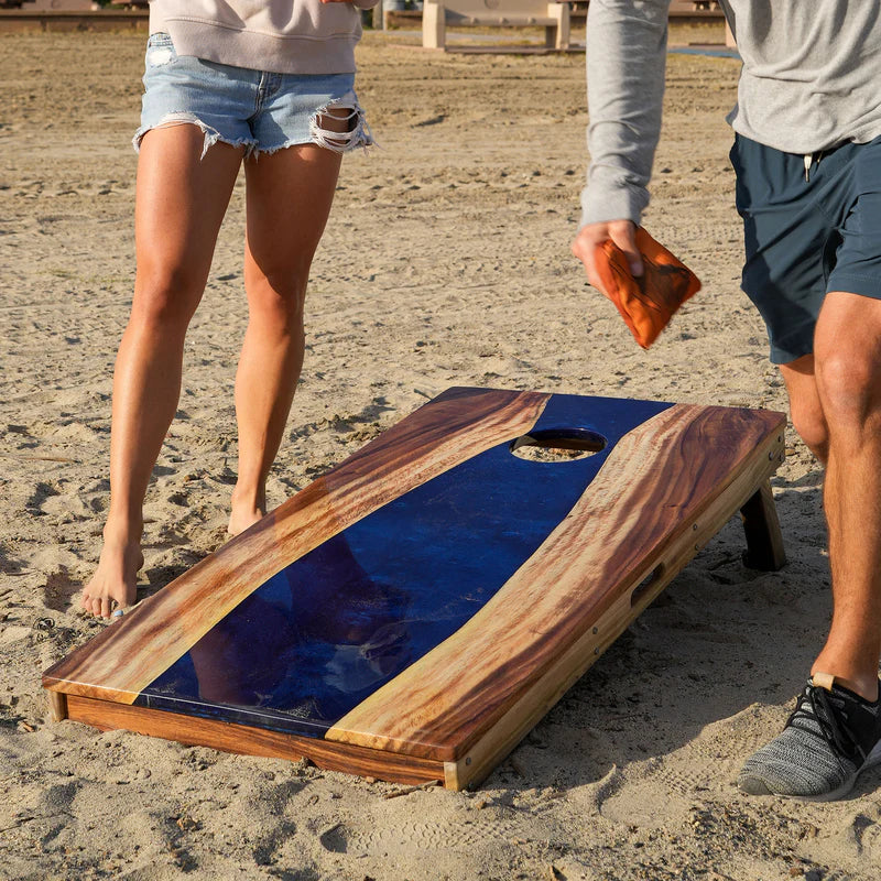 The River Epoxy Resin with Live Edge Acacia Pathfinder ART Cornhole Boards - Sapphire
