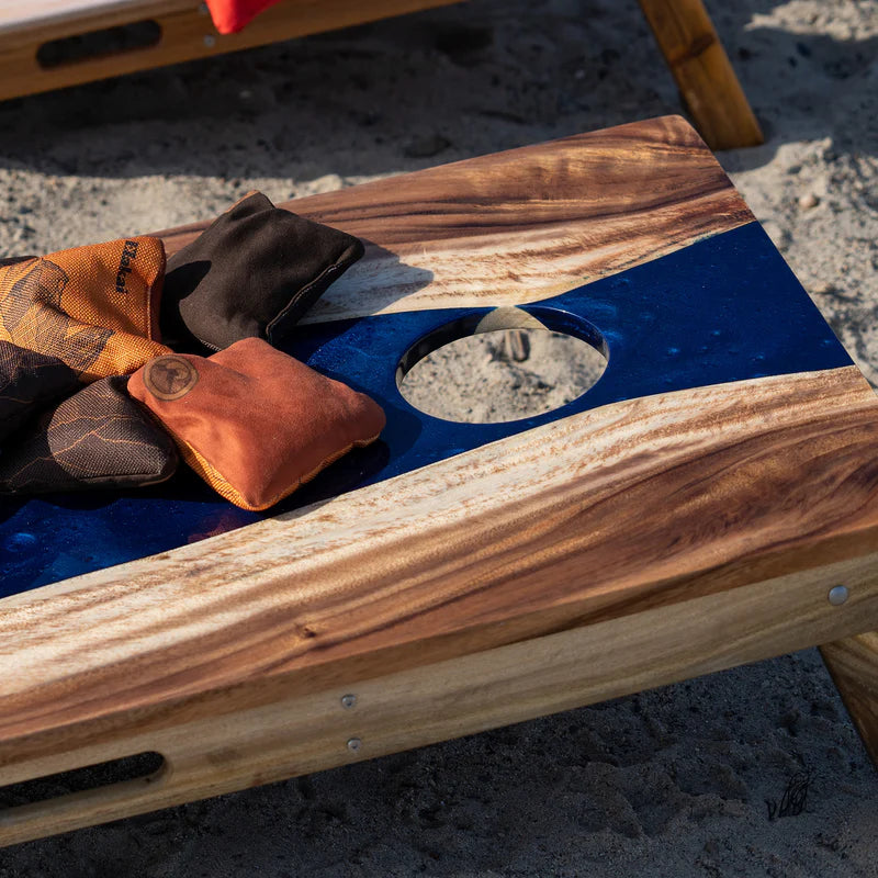 The River Epoxy Resin with Live Edge Acacia Pathfinder ART Cornhole Boards - Sapphire
