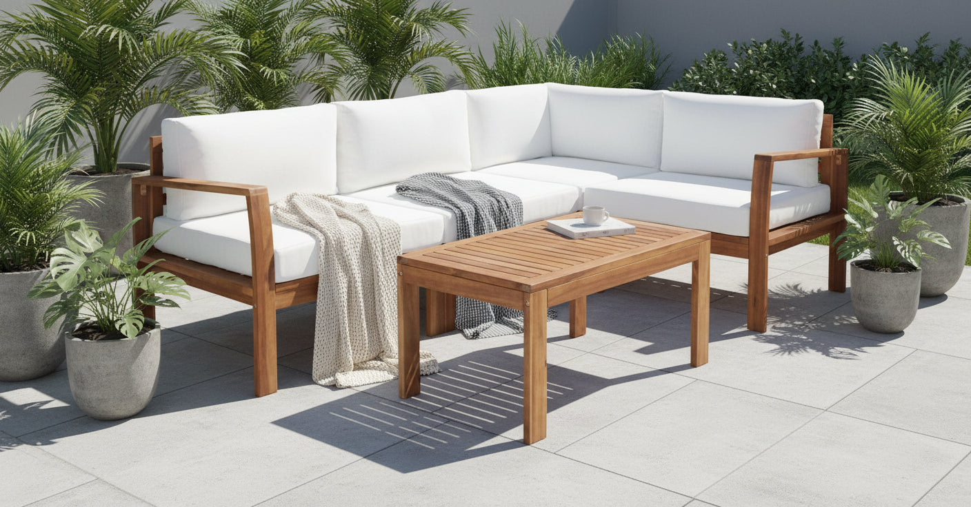 Endelia Outdoor Living Set – Natural Wood with Beige Cushions