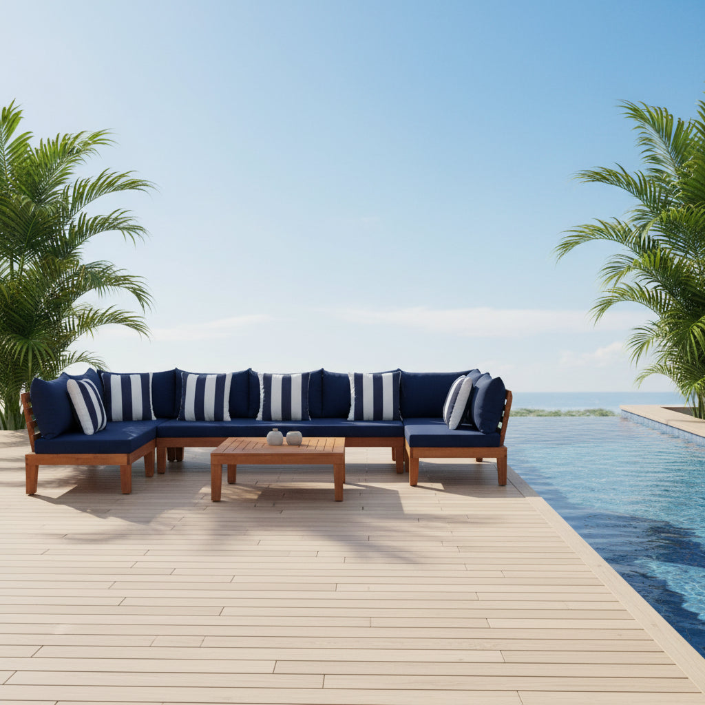 Granton 5-Piece Outdoor Living Set – Eucalyptus Wood with Navy Cushions