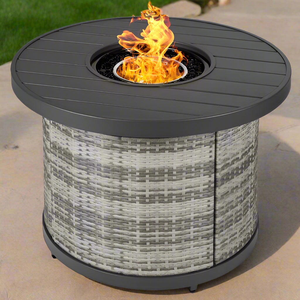 Grey Wicker Round LP Gas Propane Fire Pit