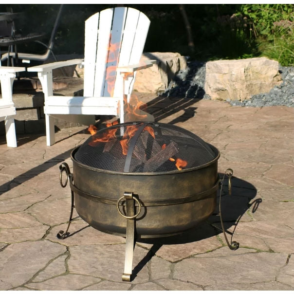 Outdoor 24-Inch Diameter Steel Cauldron Wood Burning Fire Pit