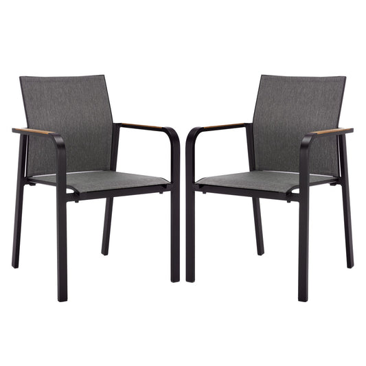 Dexter Outdoor Armchair Set of 2 with Teak Arms – Modern Aluminum Patio Chairs