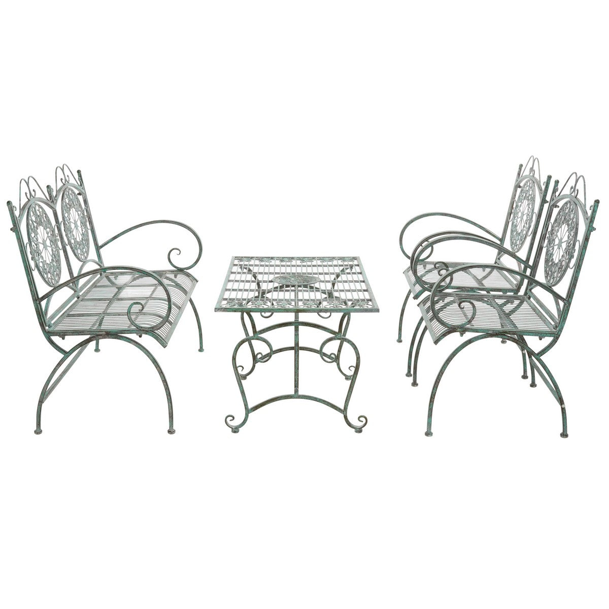 Sophie 4-Piece Iron Outdoor Living Set – Victorian Scroll Loveseat, Chairs & Coffee Table