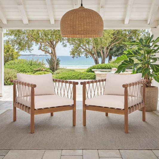 Sabrina Outdoor Chair Set of 2 – Teak Acacia Wood Chairs with Creme Cushions