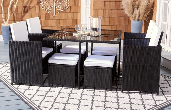 Enerson 9-Piece Outdoor Dining Set with Wicker Chairs, Ottomans & Cushions
