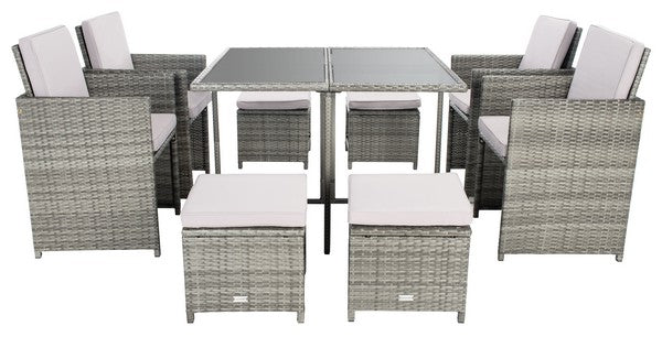 Enerson 9-Piece Outdoor Dining Set with Wicker Chairs, Ottomans & Cushions