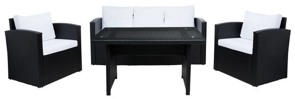 Nyra 4-Piece Outdoor Dining Set – Wicker Bench, Armchairs & Table with Cushions