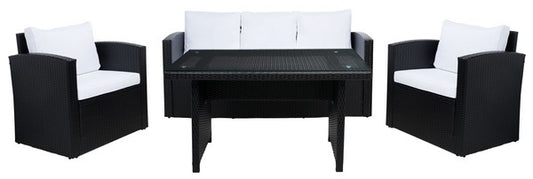 Nyra 4-Piece Outdoor Dining Set – Wicker Bench, Armchairs & Table with Cushions