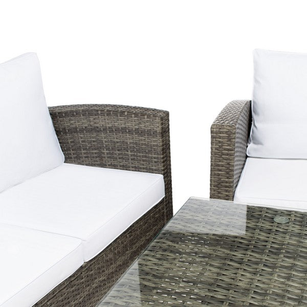 Nyra 4-Piece Outdoor Dining Set – Wicker Bench, Armchairs & Table with Cushions