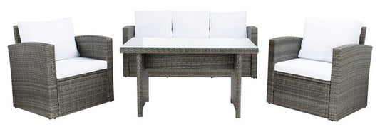 Nyra 4-Piece Outdoor Dining Set – Wicker Bench, Armchairs & Table with Cushions