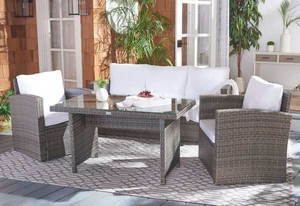 Nyra 4-Piece Outdoor Dining Set – Wicker Bench, Armchairs & Table with Cushions