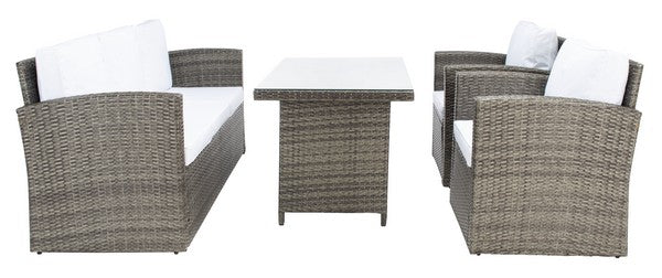 Nyra 4-Piece Outdoor Dining Set – Wicker Bench, Armchairs & Table with Cushions