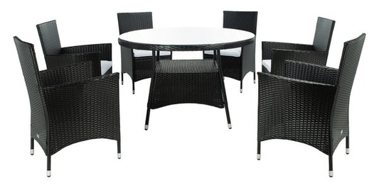 Challe Outdoor Dining Set – 7-Piece Wicker and Steel Patio Furniture with Cushions