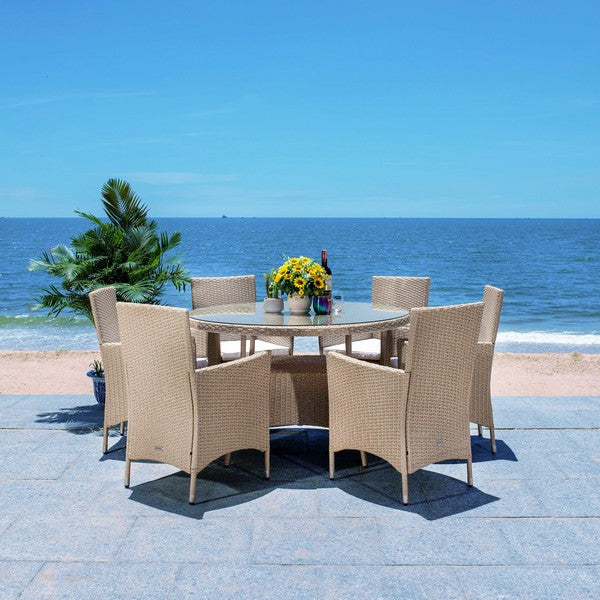 Challe Outdoor Dining Set – 7-Piece Wicker and Steel Patio Furniture with Cushions