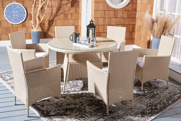 Challe Outdoor Dining Set – 7-Piece Wicker and Steel Patio Furniture with Cushions