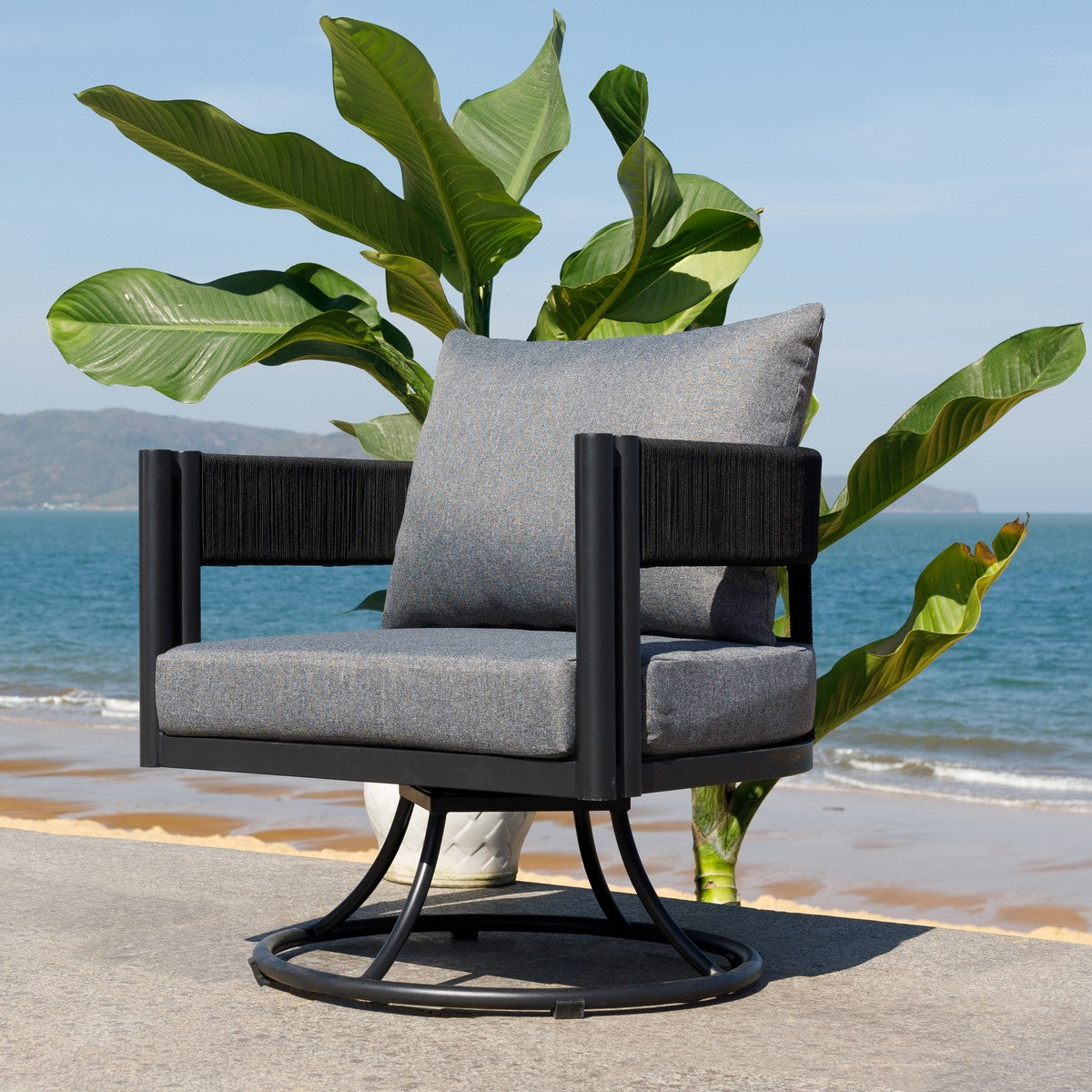 Viola Swivel Chair – Rope & Steel Outdoor Lounge Chair with Cushions