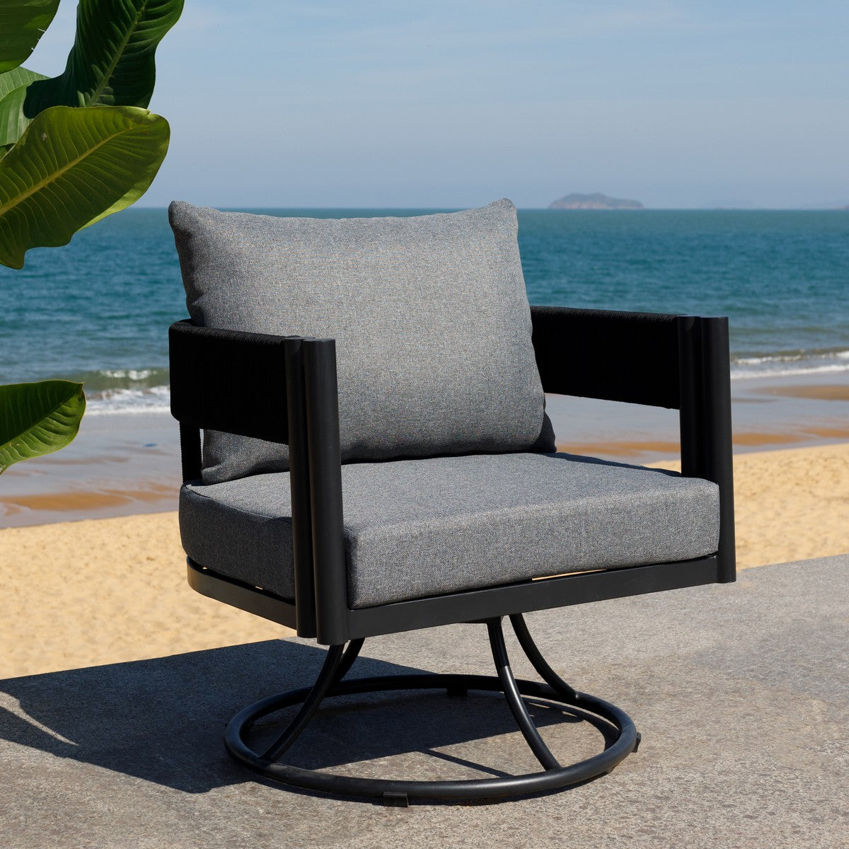 Viola Swivel Chair – Rope & Steel Outdoor Lounge Chair with Cushions