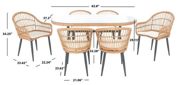 Genser 7 Piece Outdoor Dining Set – Woven Rattan Chairs with Glass-Top Table