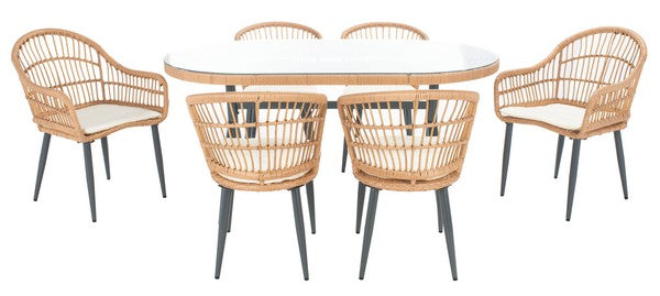 Genser 7 Piece Outdoor Dining Set – Woven Rattan Chairs with Glass-Top Table