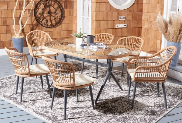 Genser 7 Piece Outdoor Dining Set – Woven Rattan Chairs with Glass-Top Table