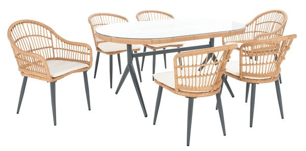 Genser 7 Piece Outdoor Dining Set – Woven Rattan Chairs with Glass-Top Table