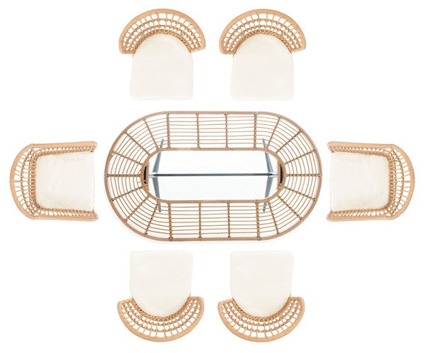 Genser 7 Piece Outdoor Dining Set – Woven Rattan Chairs with Glass-Top Table