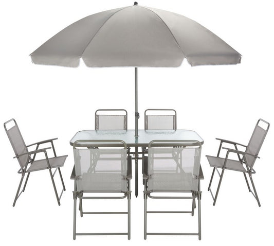 Laurenti 8-Piece Outdoor Dining Set with Glass-Top Table, Folding Chairs & Umbrella