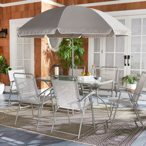 Laurenti 8-Piece Outdoor Dining Set with Glass-Top Table, Folding Chairs & Umbrella
