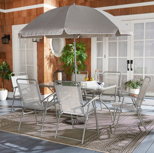 Laurenti 8-Piece Outdoor Dining Set with Glass-Top Table, Folding Chairs & Umbrella