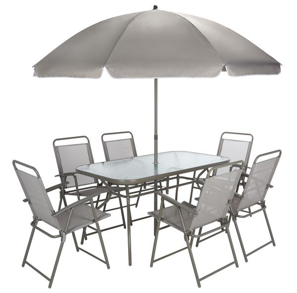 Laurenti 8-Piece Outdoor Dining Set with Glass-Top Table, Folding Chairs & Umbrella