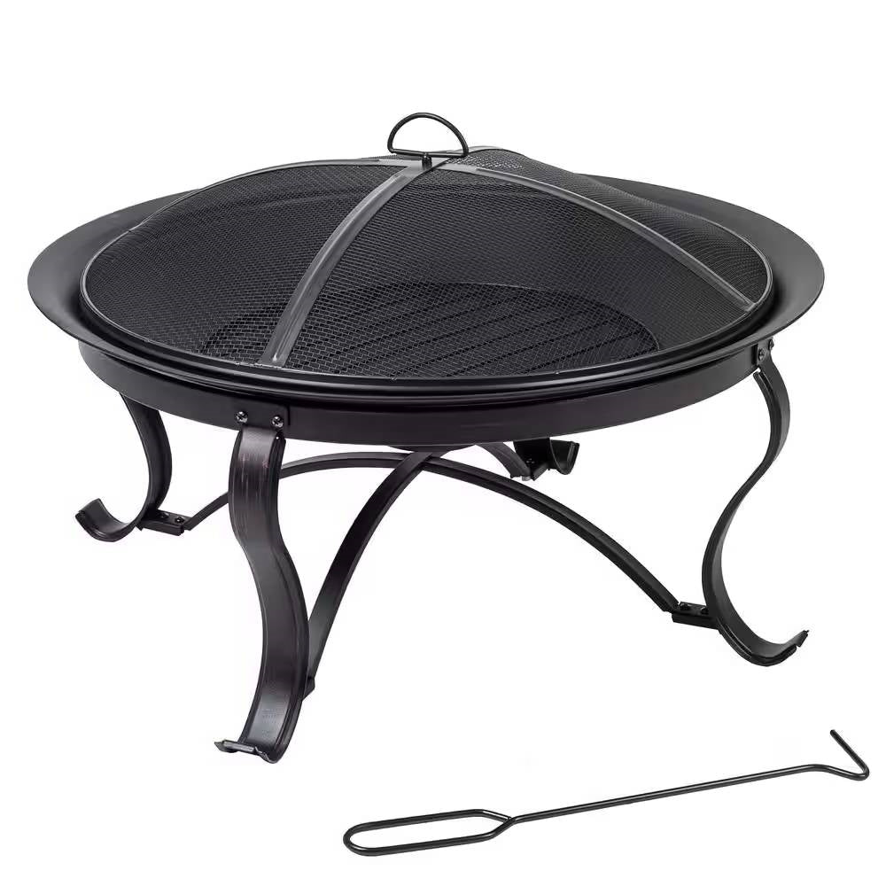 Round Steel Outdoor Fire Pit with Mesh Cover and Poker 30 inch