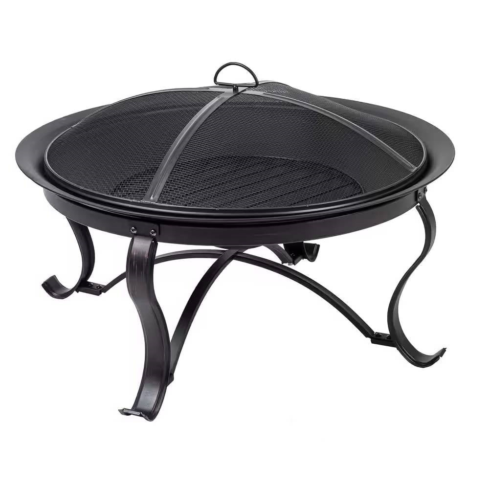 Round Steel Outdoor Fire Pit with Mesh Cover and Poker 30 inch