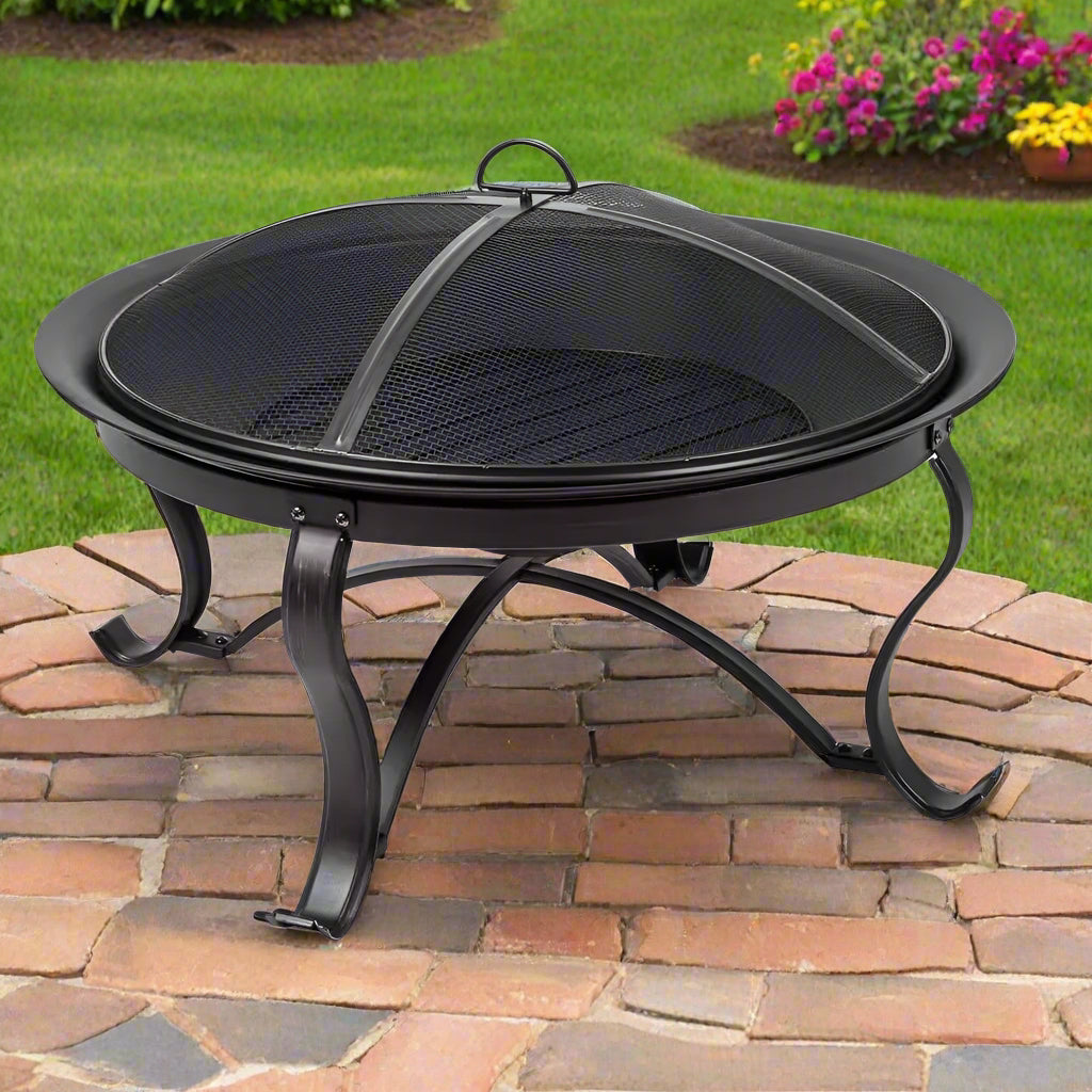 Round Steel Outdoor Fire Pit with Mesh Cover and Poker 30 inch