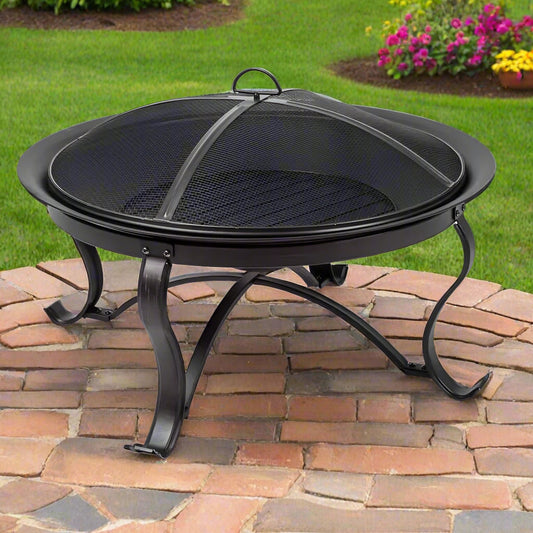 Round Steel Outdoor Fire Pit with Mesh Cover and Poker 30 inch