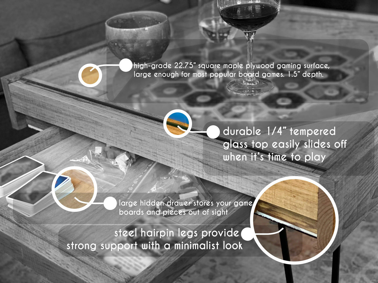 Rustic BYO Board Game Table with Removable Tempered Glass