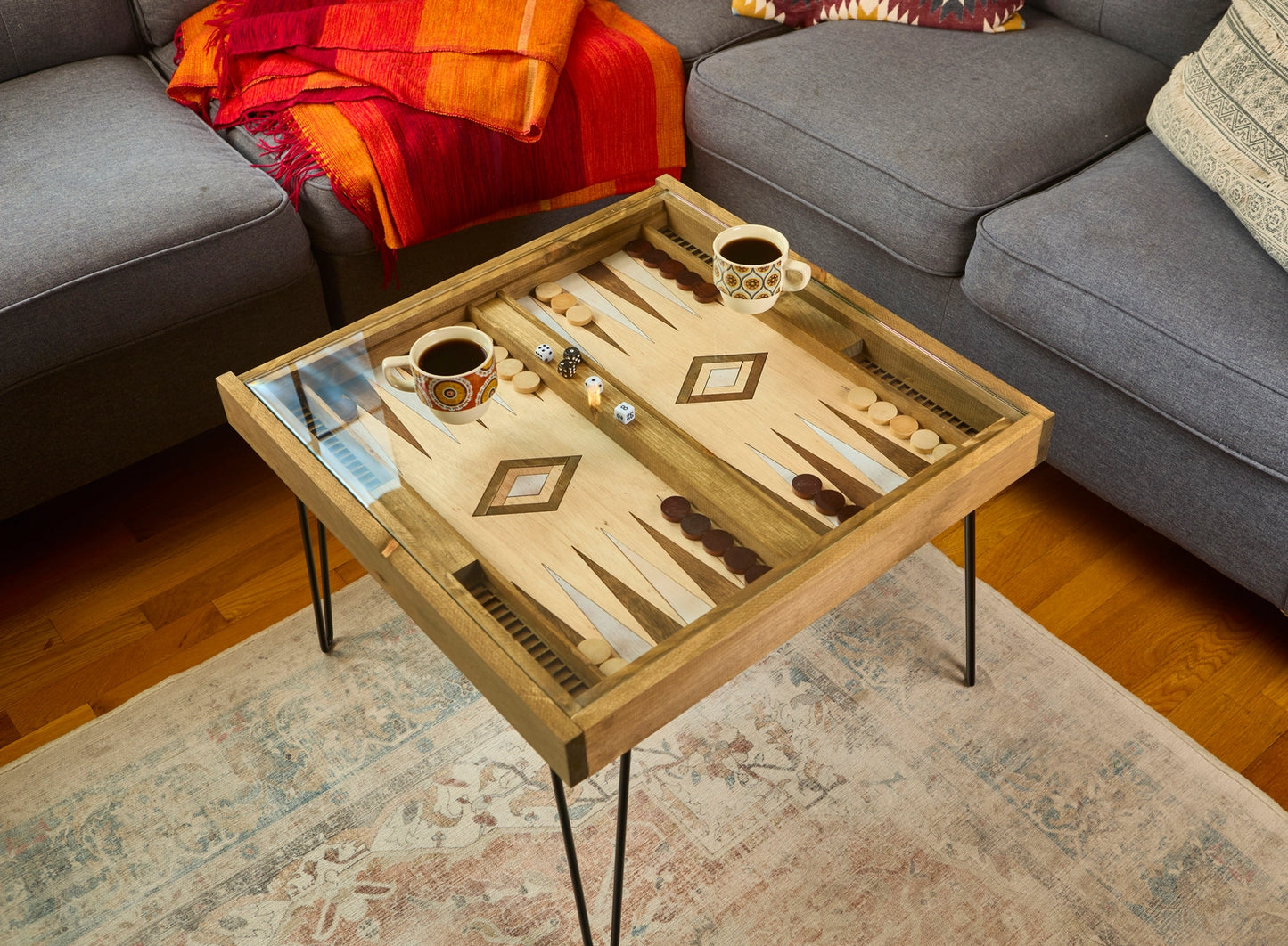 Rustic Backgammon Coffee Table with Removable Glass