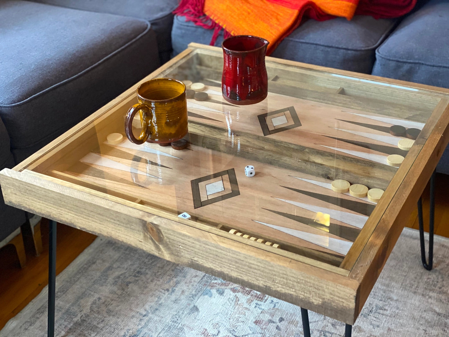 Rustic Backgammon Coffee Table with Removable Glass