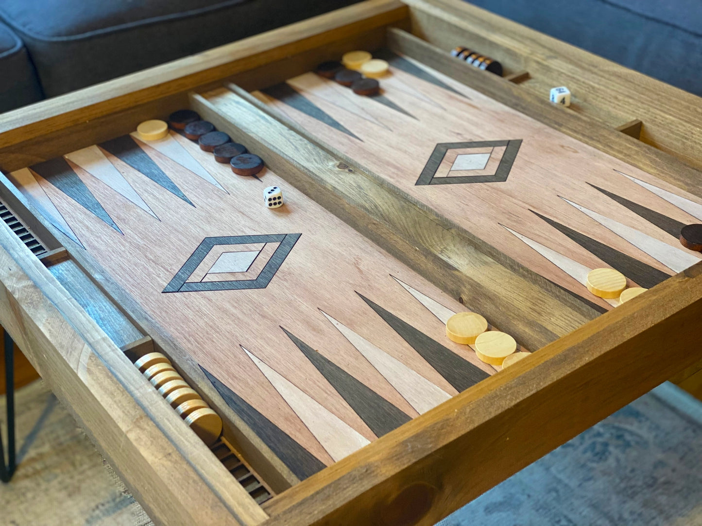 Rustic Backgammon Coffee Table with Removable Glass